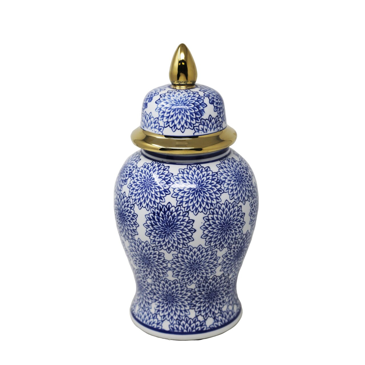 Kingston Living Dalhia Flower Temple Jar with Lid - 14.5" - White and Navy Blue